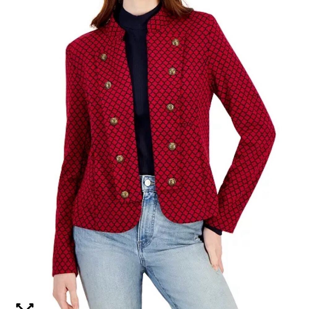 Tommy Hilfiger Women's Jacquard-Print Open-Front Jacket Large Red & Blue